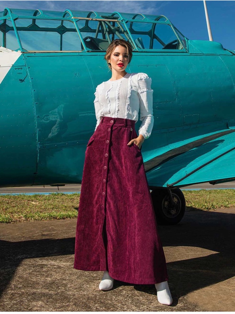 High-Waist Button-Front Maxi Skirt in Wine